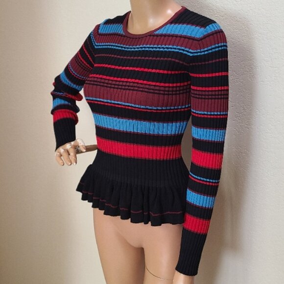 TORN by RONNY KOBO RIBBED KNIT STRIPED SWEATER TOP PEPLUM RUFFLE HEM sz XS - Picture 3 of 8